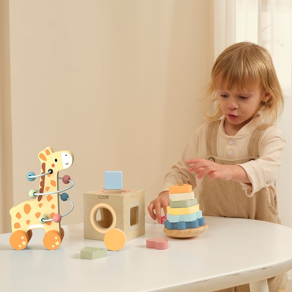 TookyToy - 3-in-1 Wooden Gift Set - Giraffe Pull-Along, Stacking Tower and Shape Sorter