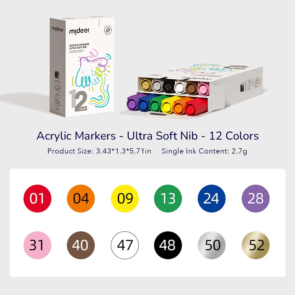Mideer - Acrylic Markers - Ultra - Soft Nib - 12 Colours