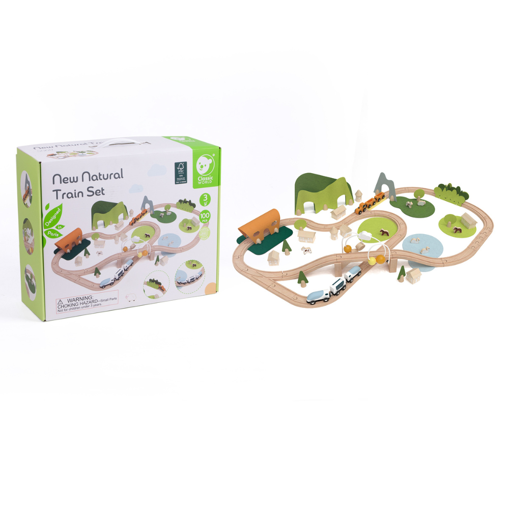 Classic World - Pretend & Play - Natural Wooden Train Set - 100pcs