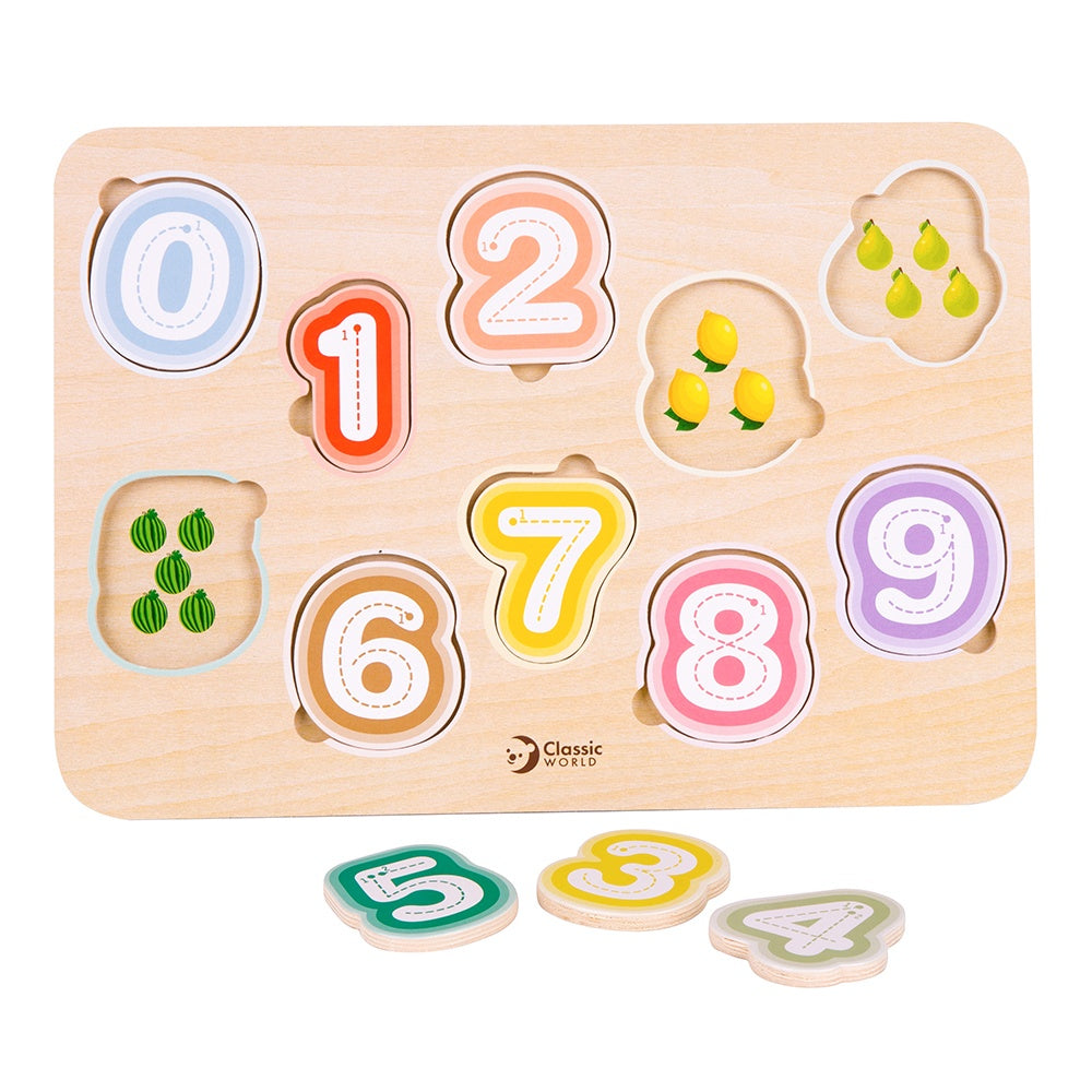 Classic World - Numbers & Fruit - Counting & Tracing Wooden Puzzle - 10pcs