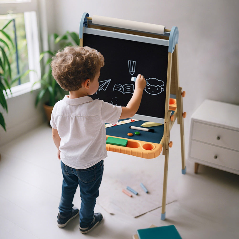 TopBright - 2 in 1 Deluxe Standing Art Easel - Adjustable Height - Black & White Board with Paper & Paint Holder - 54 x 49 x 112 cm
