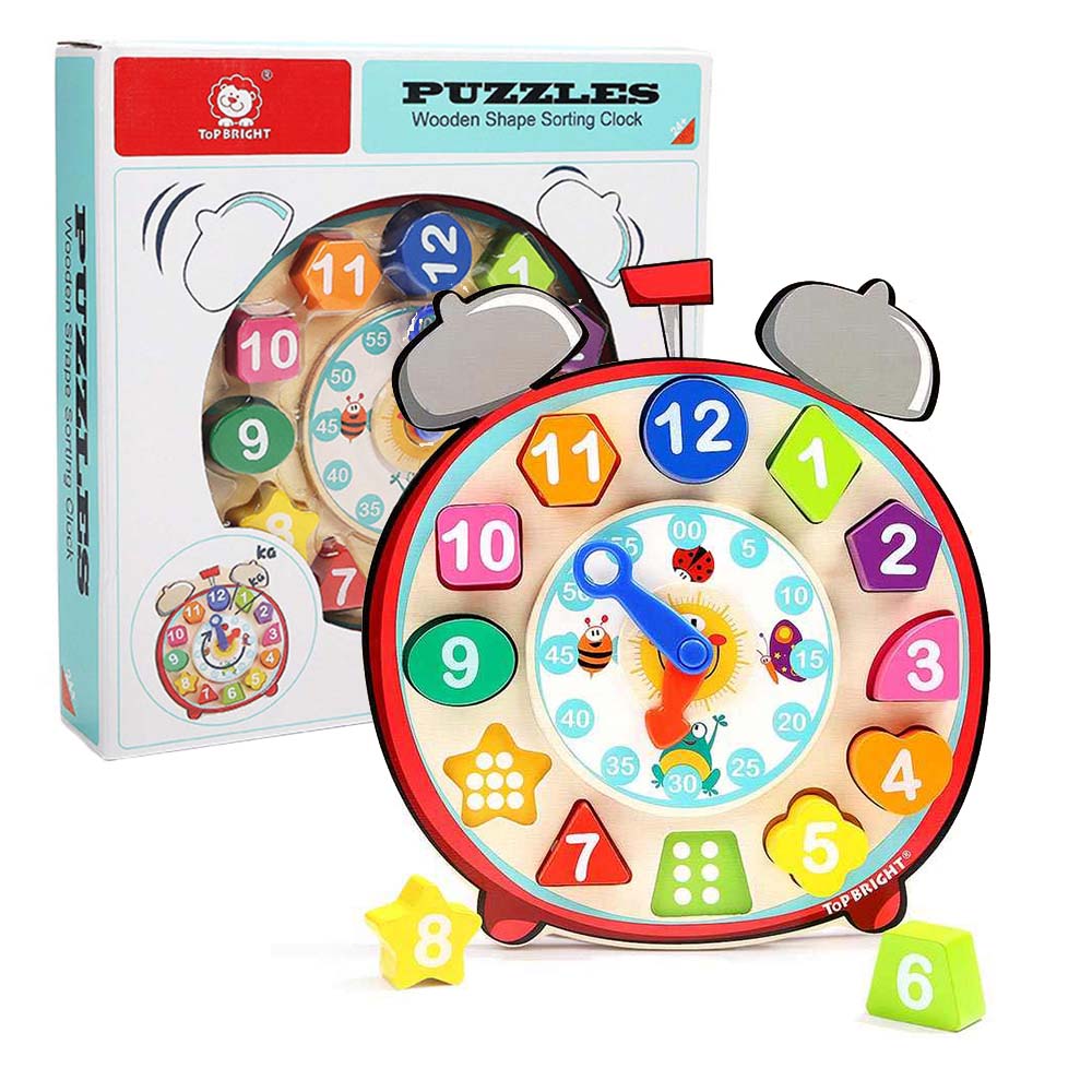 TopBright - Wooden Shape Sorting Clock - Montessori Teaching Time Number Puzzle for Kids