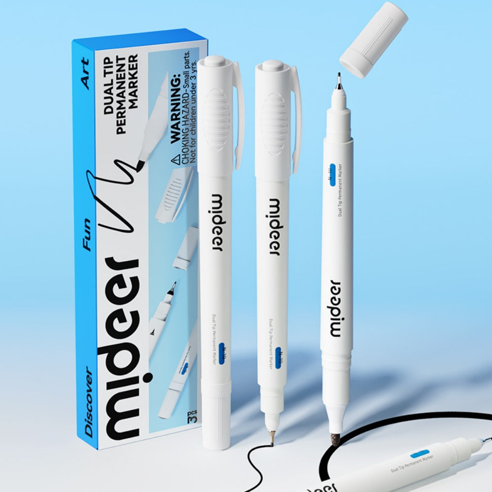 Mideer - Dual-Tip Permanent Markers Fine & Broad Waterproof 3 Pack