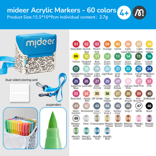 Mideer - Acrylic Markers with Doodle Bag & Carry Strap - Brush Tip - 60 Colours