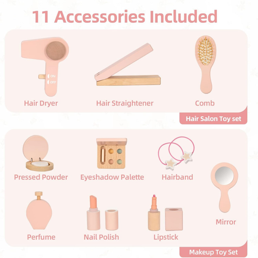 TookyToy - Wooden Dressing Table Role Play Kids with Accesories - 11 Pieces