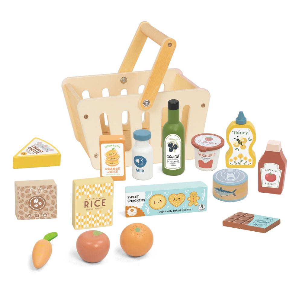 TookyToy - Pretend Play Wooden Grocery Basket Toy Set - 16 Pieces
