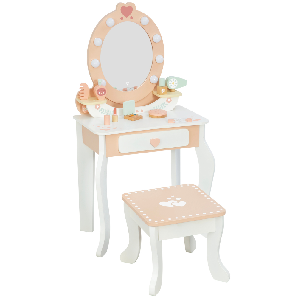 TookyToy - Wooden Vanity Table with Light-Up Mirror & Stool