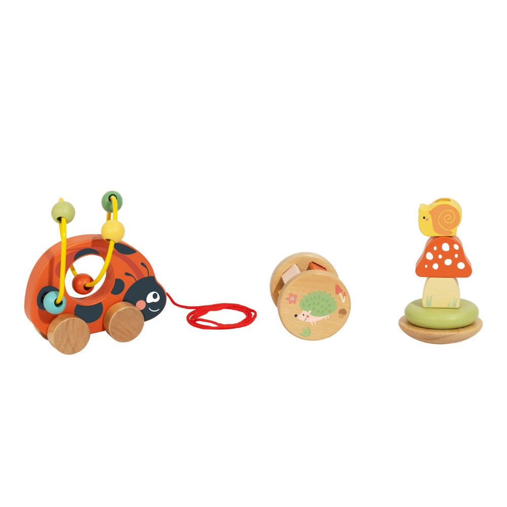 TookyToy - 3-in-1 Wooden Toy Gift Set: Ladybug Pull-Along, Rattle and Stacking