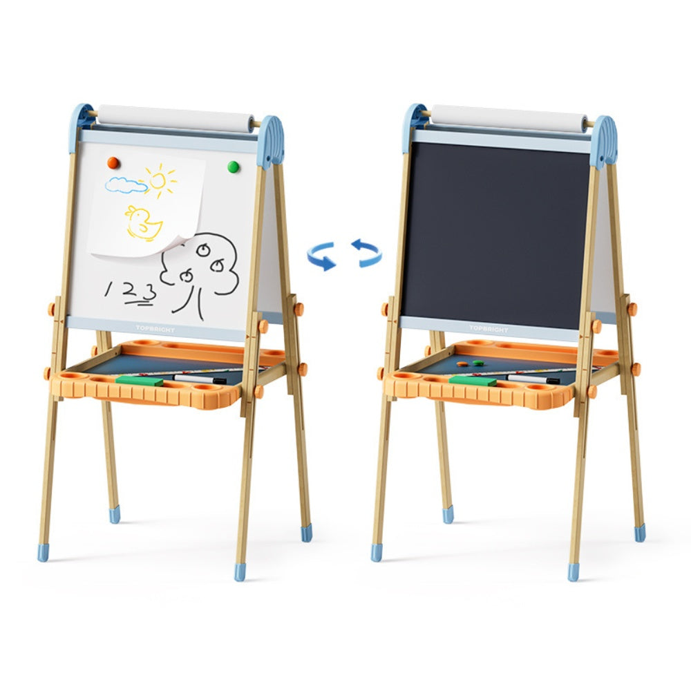 TopBright - 2 in 1 Deluxe Standing Art Easel - Adjustable Height - Black & White Board with Paper & Paint Holder - 54 x 49 x 112 cm