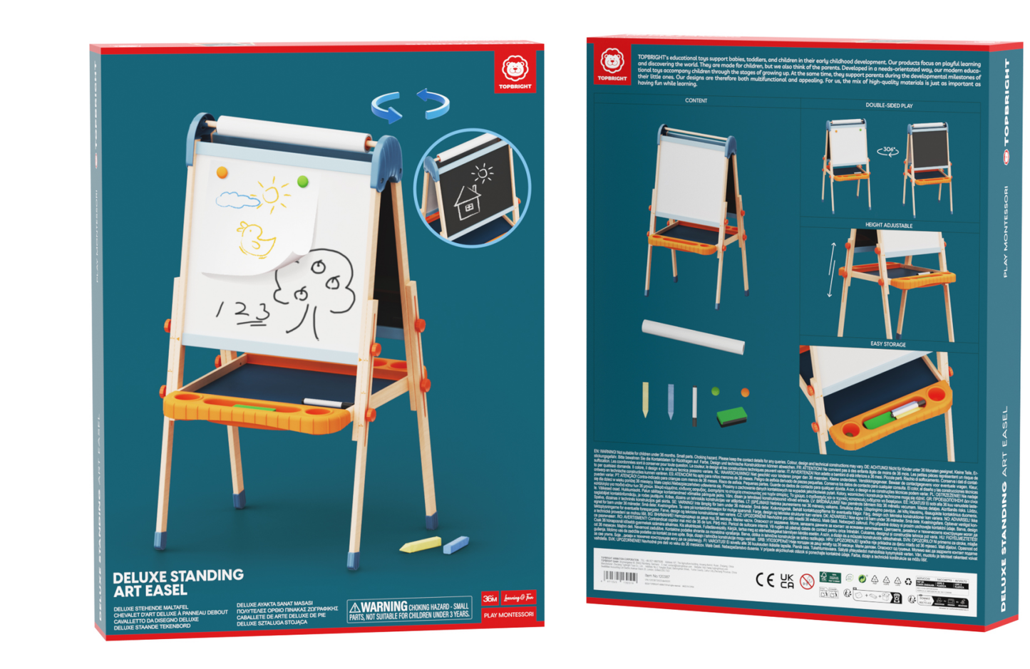 TopBright - 2 in 1 Deluxe Standing Art Easel - Adjustable Height - Black & White Board with Paper & Paint Holder - 54 x 49 x 112 cm