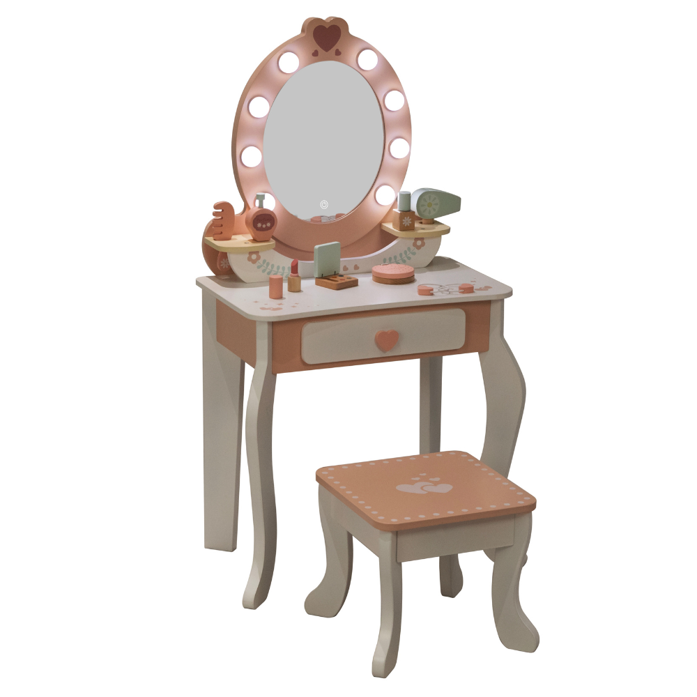 TookyToy - Wooden Vanity Table with Light-Up Mirror & Stool