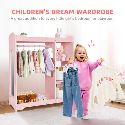 TookyToy - Wooden Kids Wardrobe and Dress Up Storage Unit with Mirror