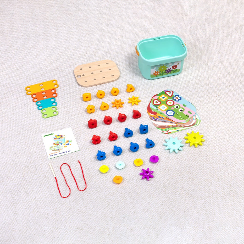 TookyToy - 3-in-1 Activity: Pegs, Gears & Lacing Fine Motor Toy for Kids