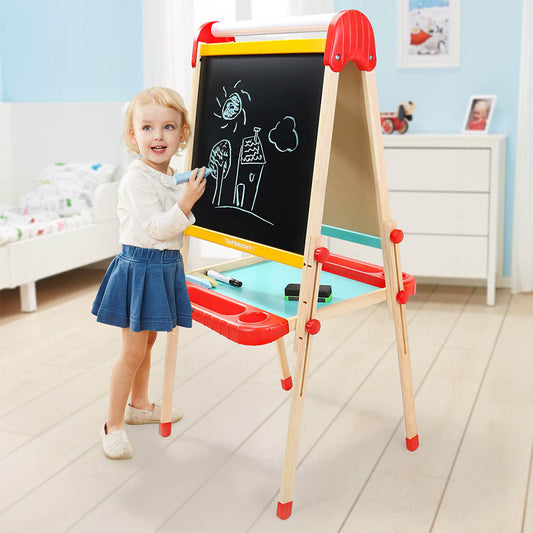 TopBright - 2 in 1 Deluxe Standing Art Easel - Adjustable Height - Black & White Board with Paper & Paint Holder - 54 x 49 x 112 cm