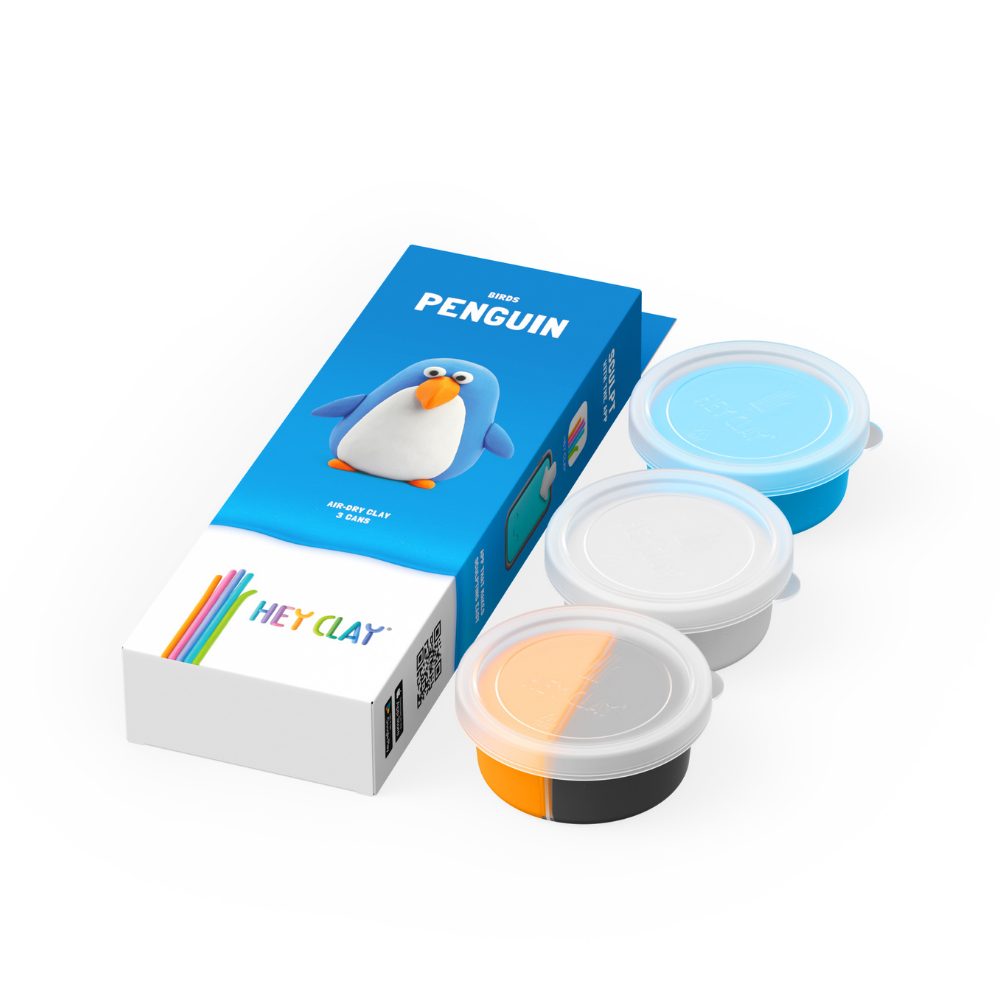 Hey Clay - Modelling Air-Dry Clay with Fun Interactive App - Penguin, series Birds, 3 cans