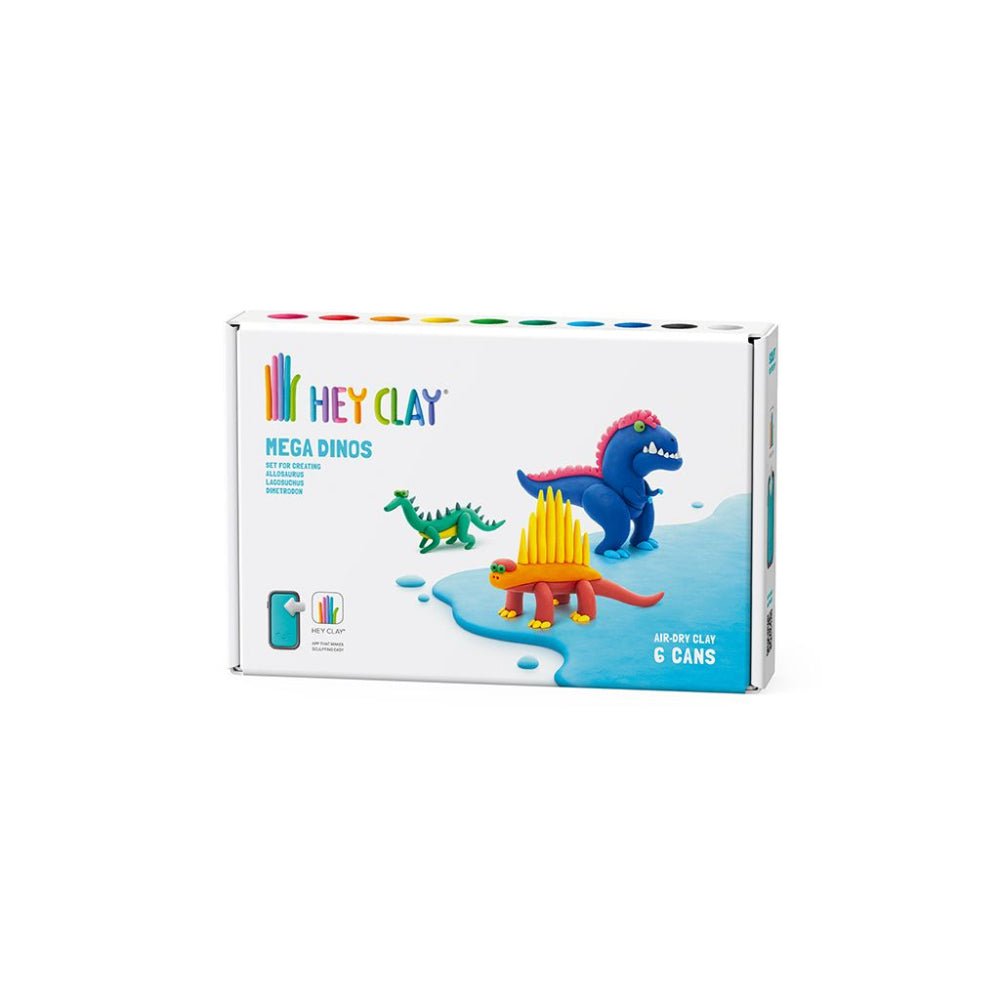 Hey Clay - Modelling Air-Dry Clay with Fun Interactive App - Lagosuchus, Allosaurus, Dimetrodon, Series Mega Dinos, 6 cans