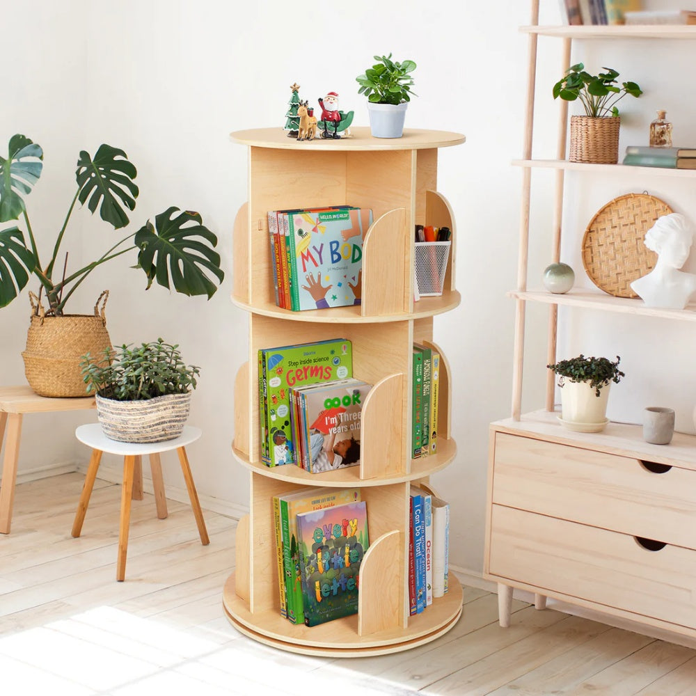 TookyToy - Wooden Rotating Bookshelf, Standing Bookcase for Kids Room