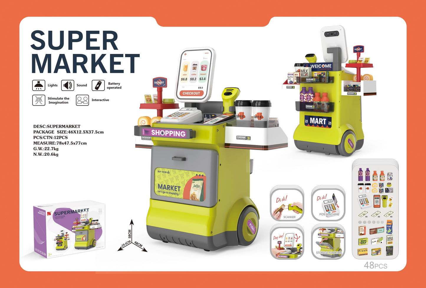 Cogo - Pretend & Play Grocery Store - Cash Register and Accessories - 48 Pieces