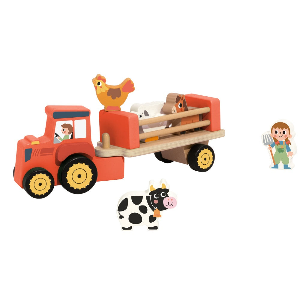 TookyToy - Pretend Play Wooden Farm Animal Tractor Toy Set - 8 Pieces