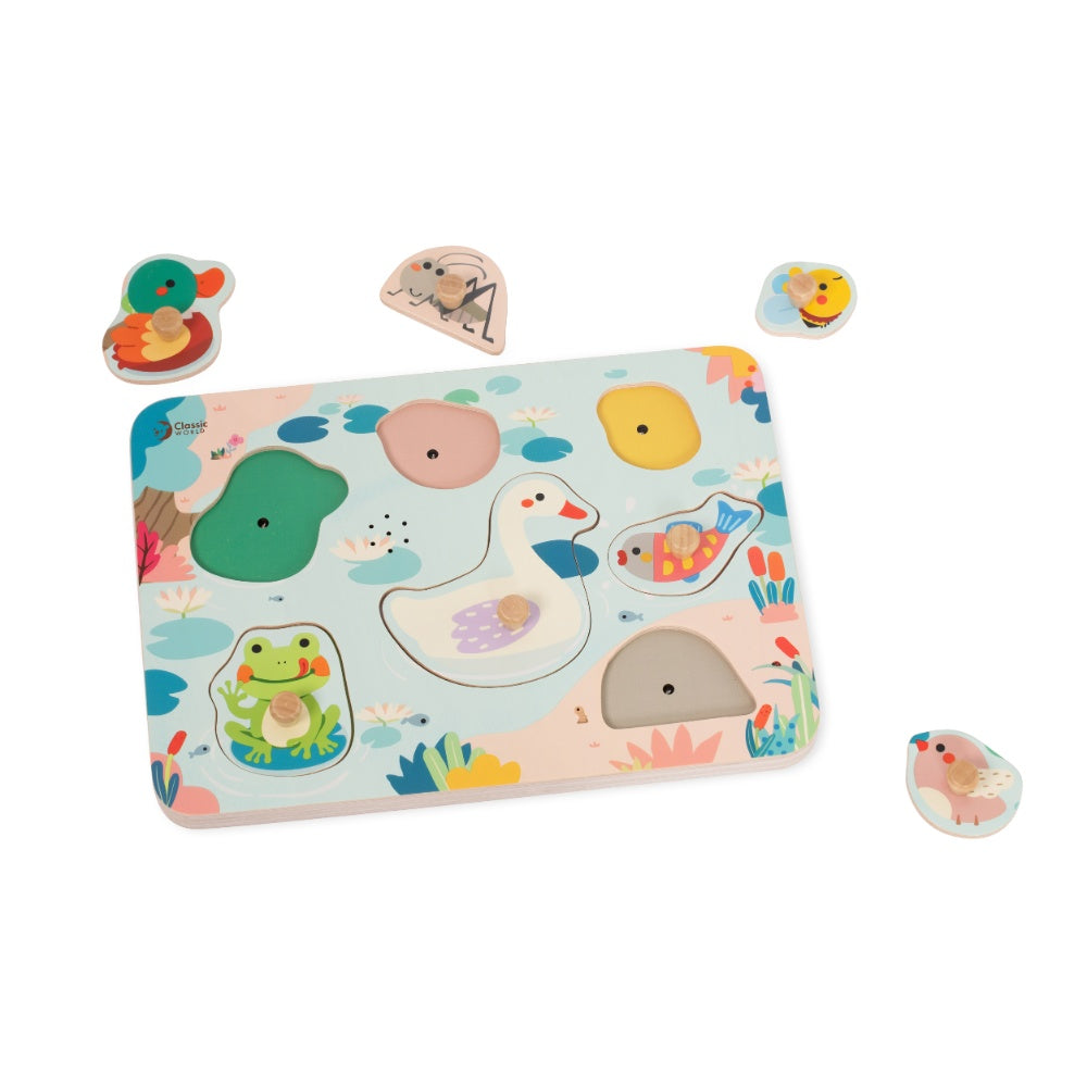 Classic World - Wooden Peg Puzzle - Pond Animals with Sound - 8pcs