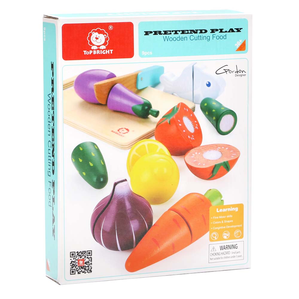 TopBright - Pretend Play Wooden Cutting Food Set, with Knife & Board