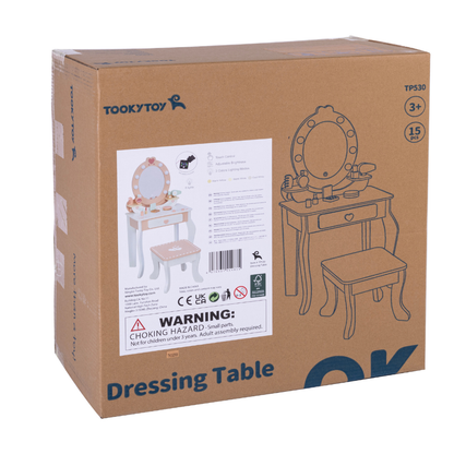 TookyToy - Wooden Vanity Table with Light-Up Mirror & Stool