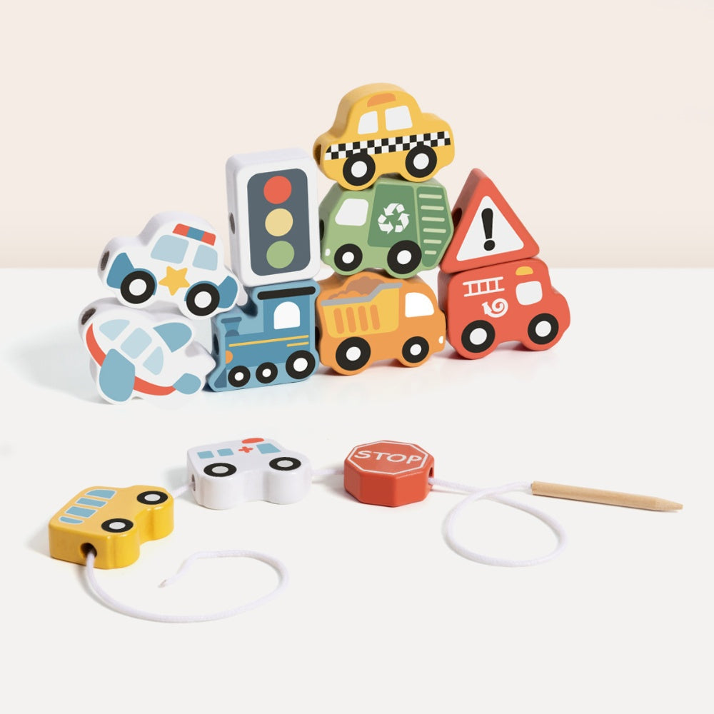 TookyToy - Fine Motor Wooden Lacing Blocks - Transport Set - 13 Pieces