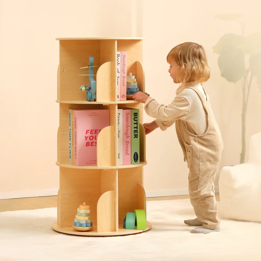 TookyToy - Wooden Rotating Bookshelf, Standing Bookcase for Kids Room