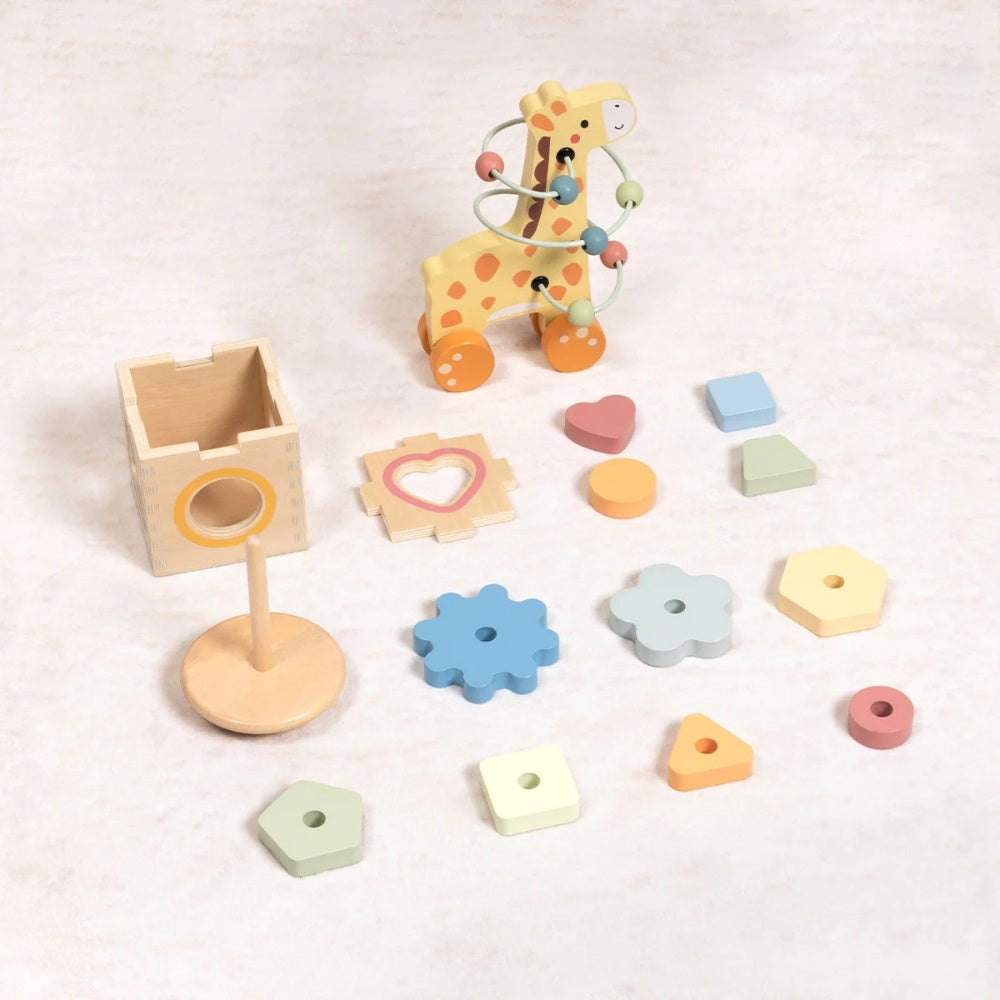 TookyToy - 3-in-1 Wooden Gift Set - Giraffe Pull-Along, Stacking Tower and Shape Sorter