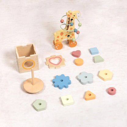 TookyToy - 3-in-1 Wooden Gift Set - Giraffe Pull-Along, Stacking Tower and Shape Sorter