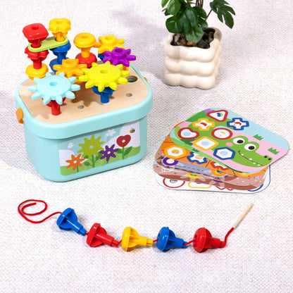 TookyToy - 3-in-1 Activity: Pegs, Gears & Lacing Fine Motor Toy for Kids