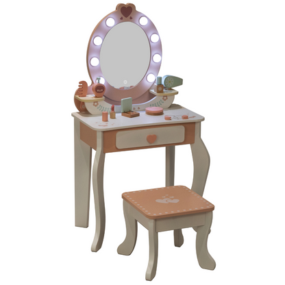 TookyToy - Wooden Vanity Table with Light-Up Mirror & Stool