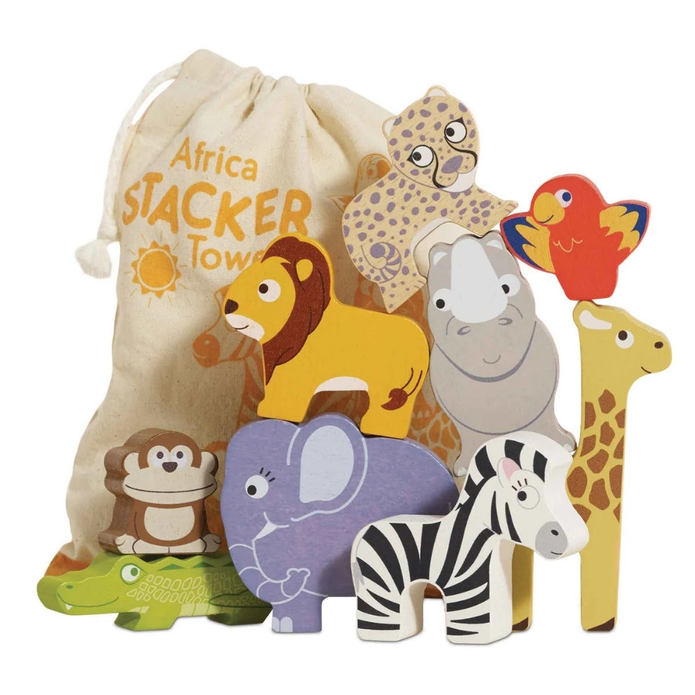 Le Toy Van - Wooden Stacking African Animals & Bag - 10pcs