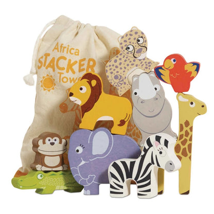 Le Toy Van - Wooden Stacking African Animals & Bag - 10pcs