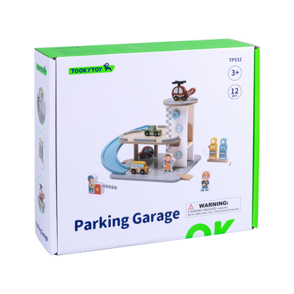 TookyToy - Parking Garage: Wooden Car Ramp Playset - 13pcs