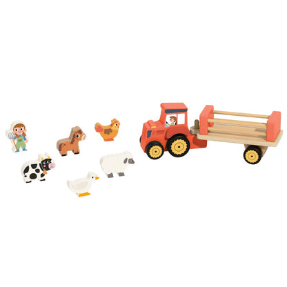 TookyToy - Pretend Play Wooden Farm Animal Tractor Toy Set - 8 Pieces
