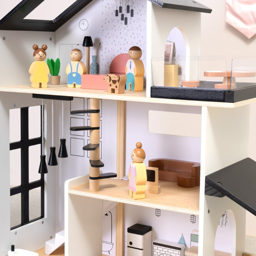 TookyToy - Wooden Dollhouse Toy Set with Furniture and Accessories