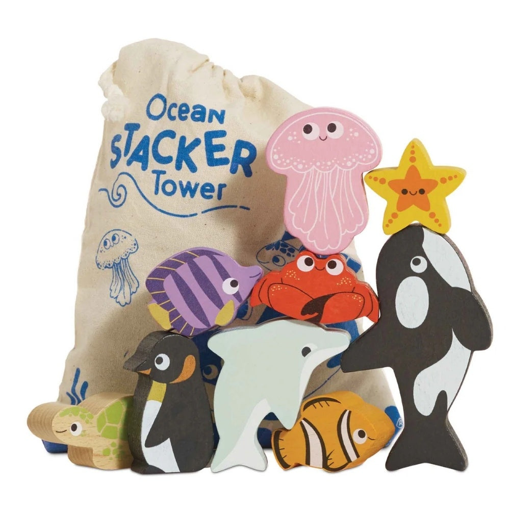 Le Toy Van - Wooden Ocean Life Stacking Animals & Bag - 10pcs