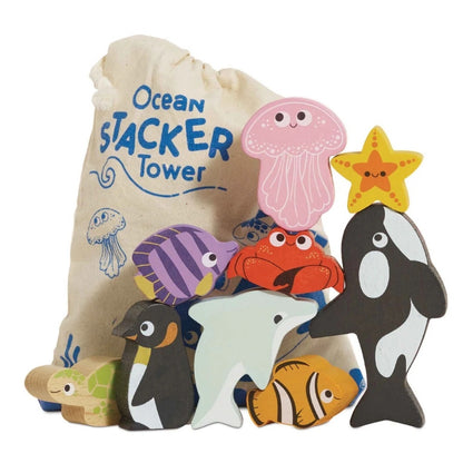 Le Toy Van - Wooden Ocean Life Stacking Animals & Bag - 10pcs