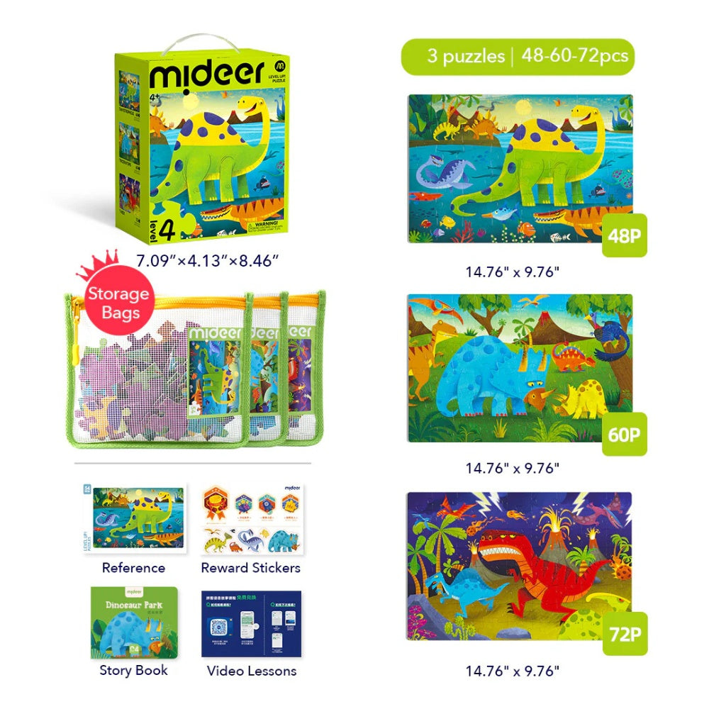 Mideer - Level Up Jigsaw Puzzle for Kids - 3-in-1 - Level 4 Dinosaur World
