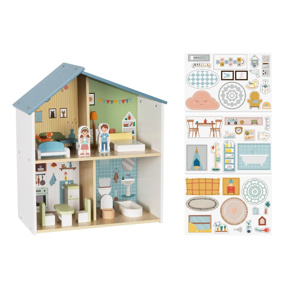 hi Pando - Pretend & Play - Wooden Doll House With Figurines - 14pcs