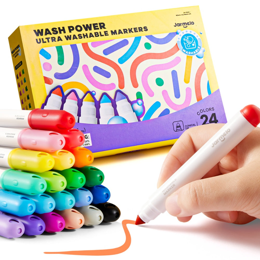 Jar Meló - Washable Markers - 24 Non-Toxic Colours with Conical Tips