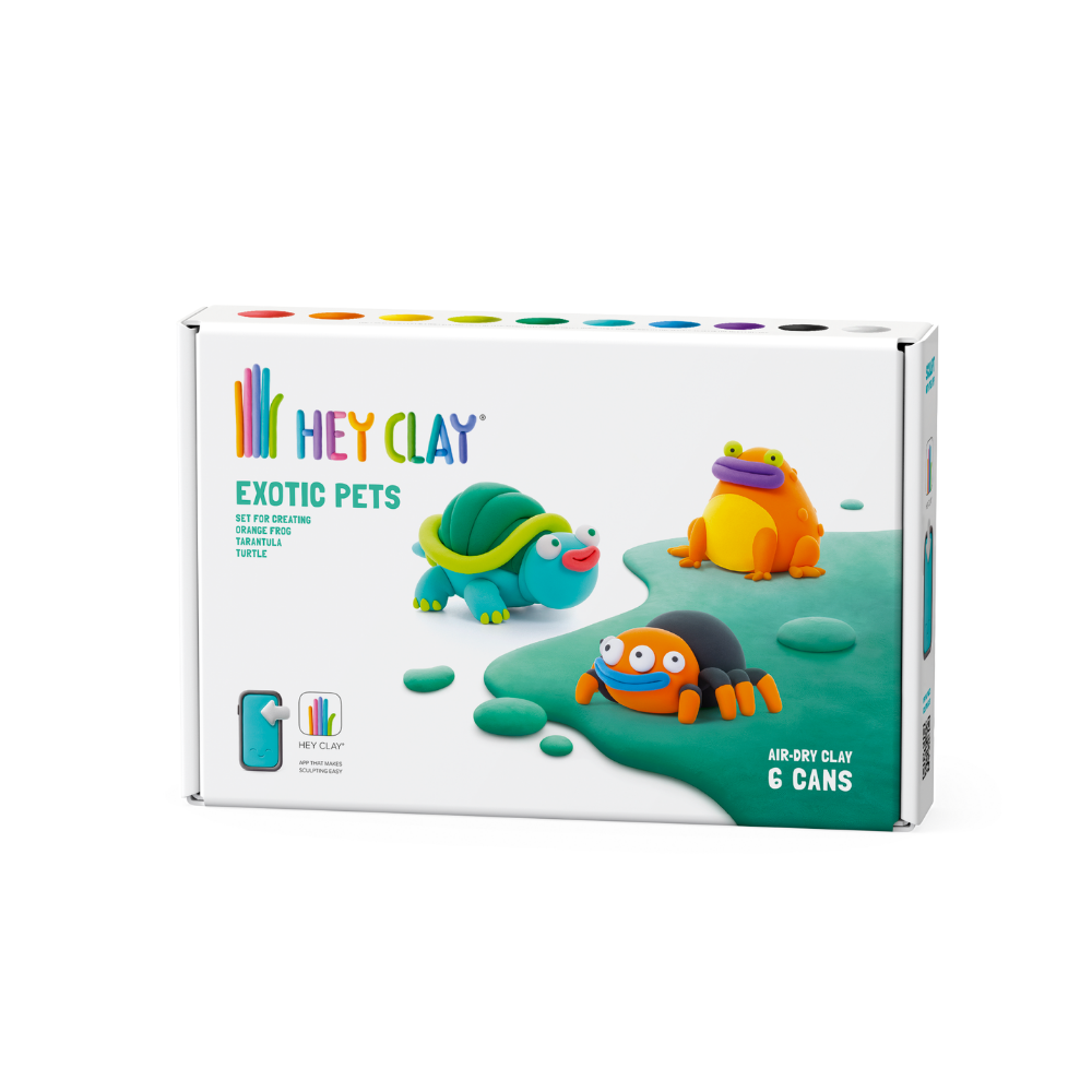 Hey Clay - Modelling Air-Dry Clay with Fun Interactive App - Turtle, Orange frog, Tarantula, Series Exotic Pets, 6 cans