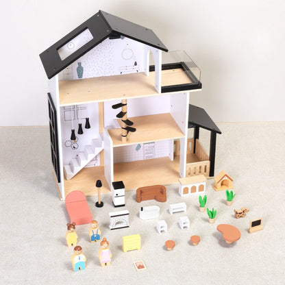 TookyToy - Wooden Dollhouse Toy Set with Furniture and Accessories