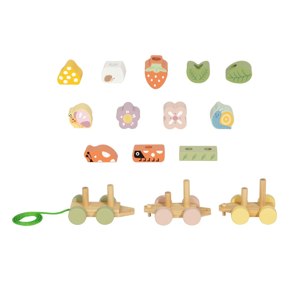 TookyToy - Wooden Ladybug Pull-Along & Stacking Train Toy Set - 15 Pieces