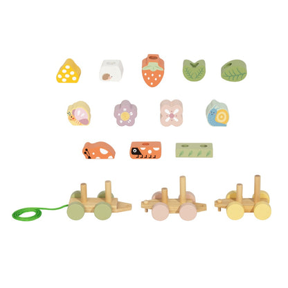 TookyToy - Wooden Ladybug Pull-Along & Stacking Train Toy Set - 15 Pieces