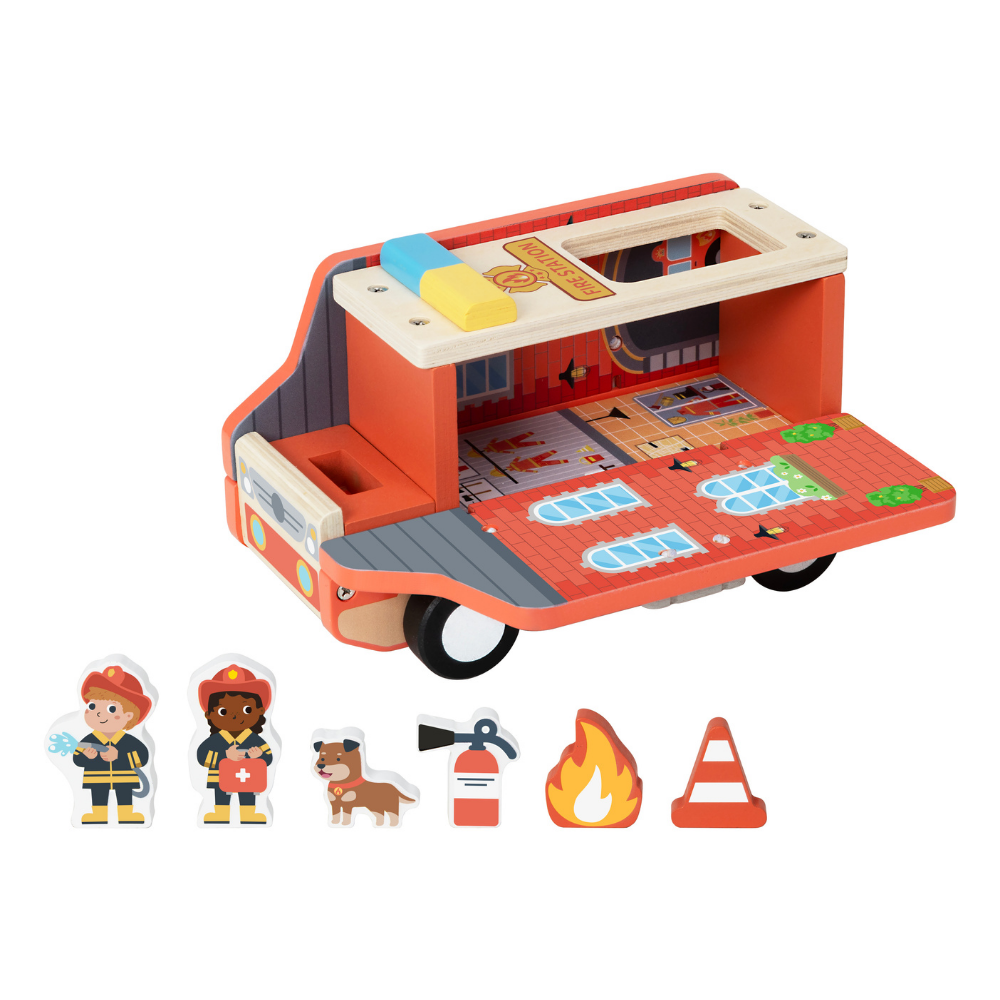 TookyToy - Pretend Play Wooden Fire Truck Toy Set - 7 Pieces