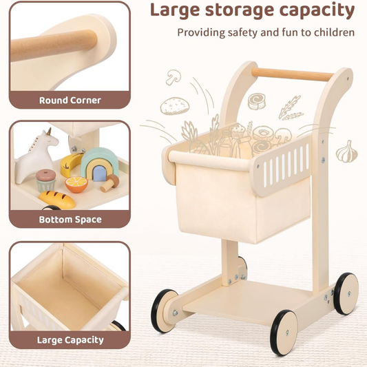 TookyToy - Pretend Play Wooden Baby Walker & Shopping Cart Toy Set