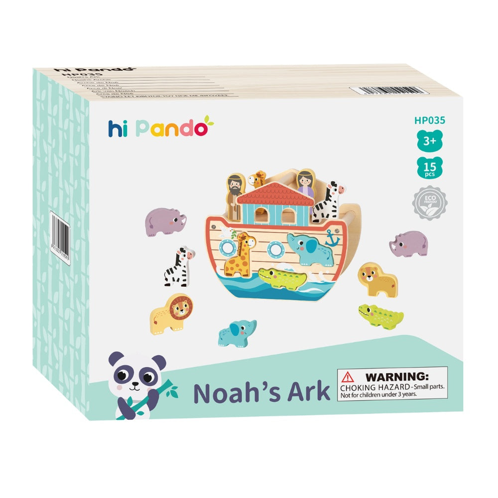 hi Pando - Wooden Noah's Ark Playset with Animal Figures - 15pcs