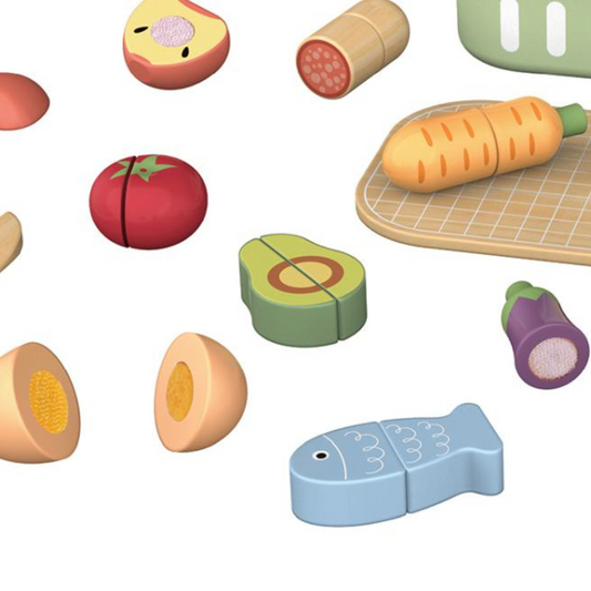 TookyToy - Wooden Cutting Food Play Set in Portable Storage Box - 31 Pieces - Motherhood